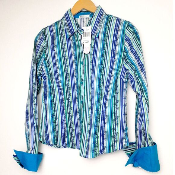 SOHO Jeans Blue Stripes Florals Cotton Blend LS Ladies ButtonUp Shirt Jr.SzL NWT - Picture 3 of 9